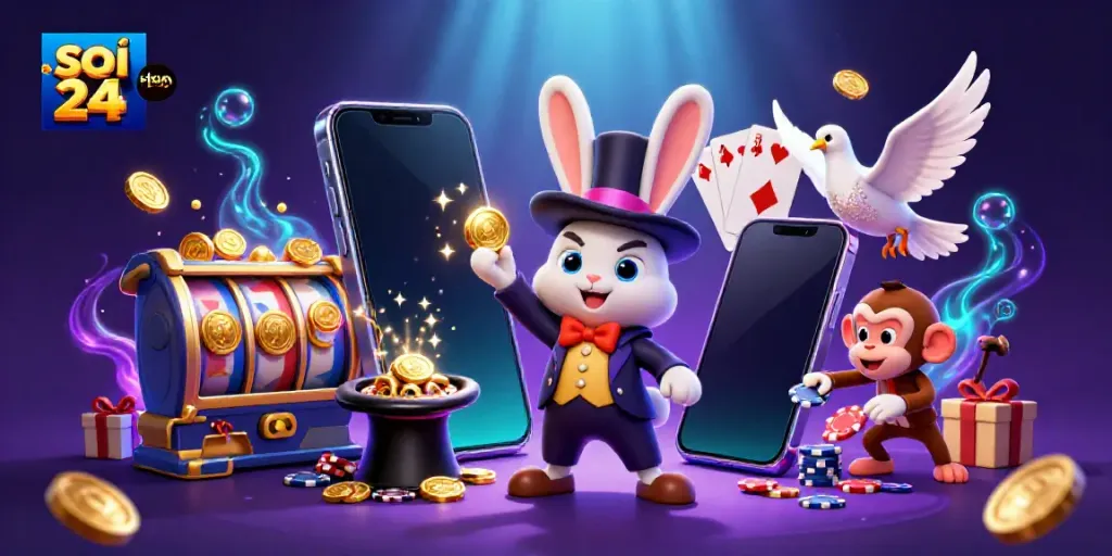 Soi cầu 24h brings magic to lottery predictions with a 3D scene featuring a rabbit and coins.