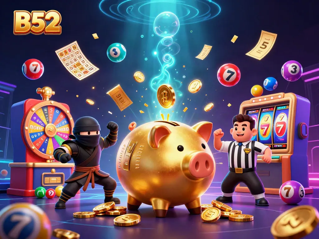 Engage in B52-themed casino action with a dynamic scene of characters celebrating wins among colorful lottery elements.