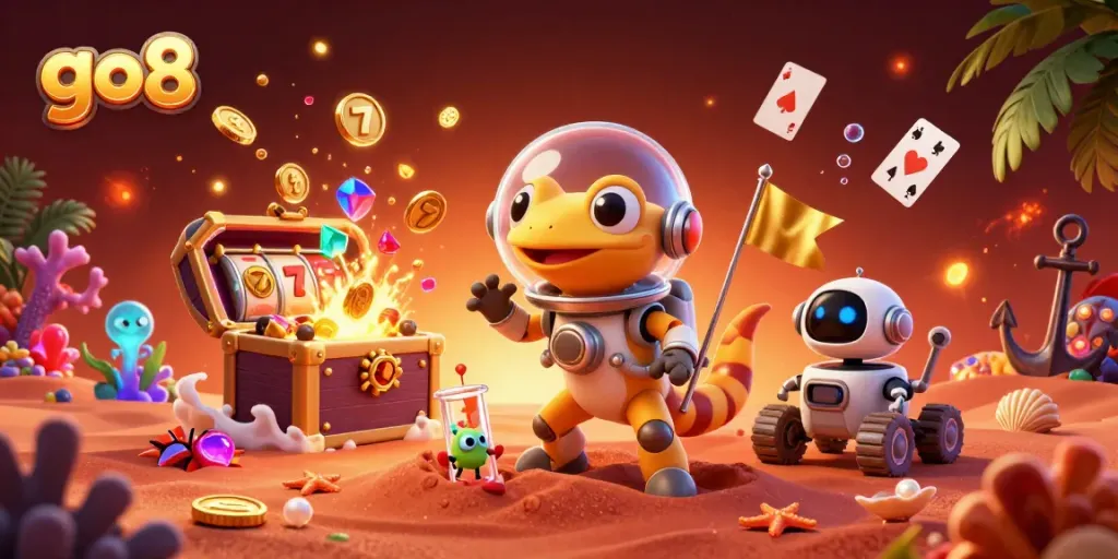 Experience the excitement of go8's online casino adventure with a Martian gecko in a vibrant desert.