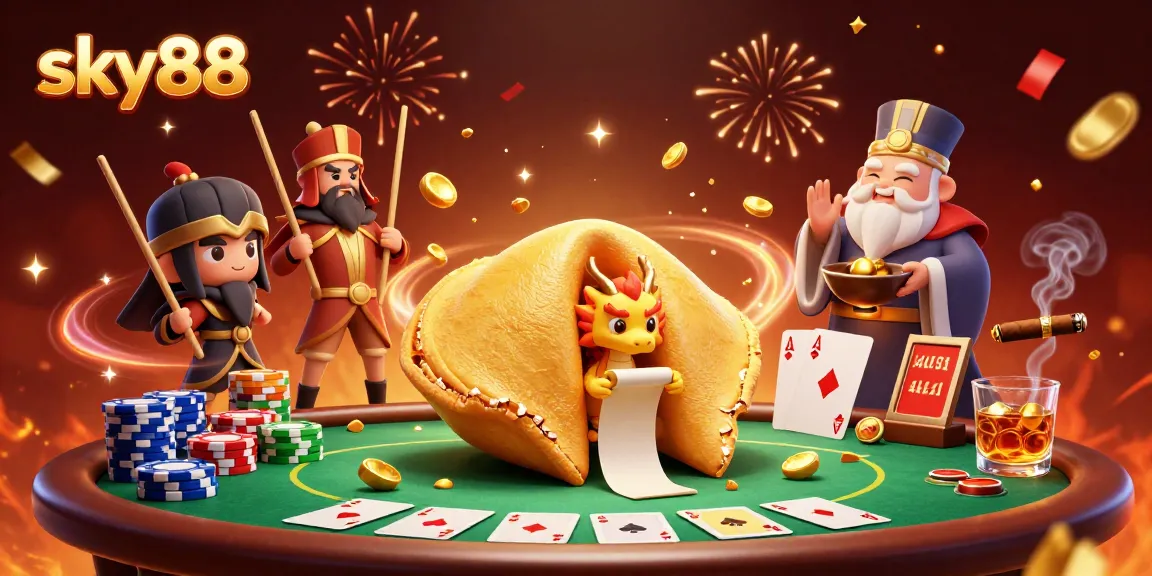 Engage with sky88's vibrant casino scene featuring fortune cookie characters and poker elements.