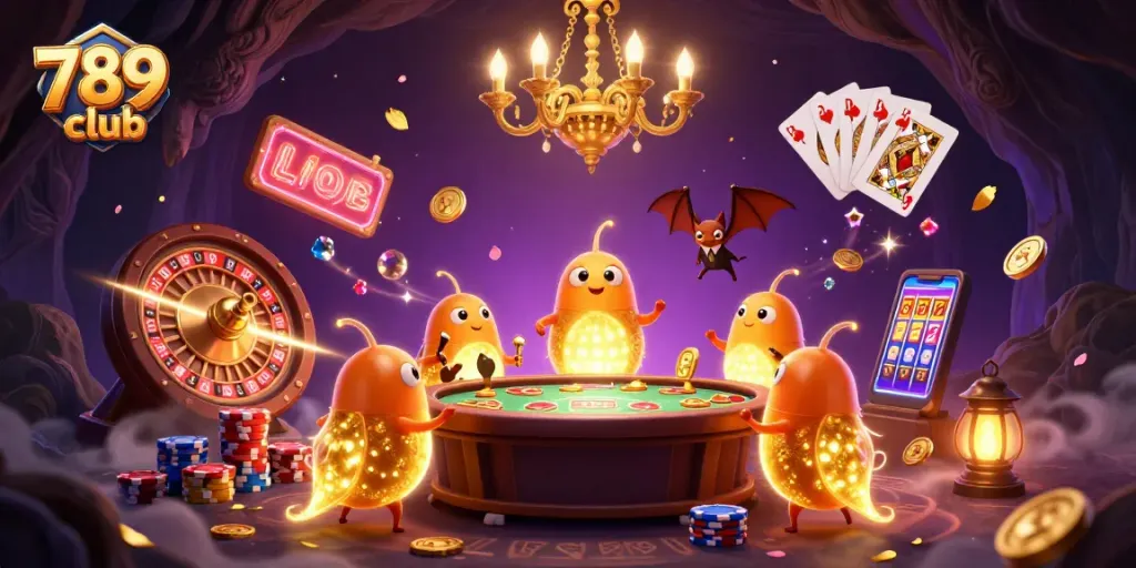 Immerse in the vibrant 789club casino experience, featuring glowworms, a bat dealer, and dynamic gambling elements.
