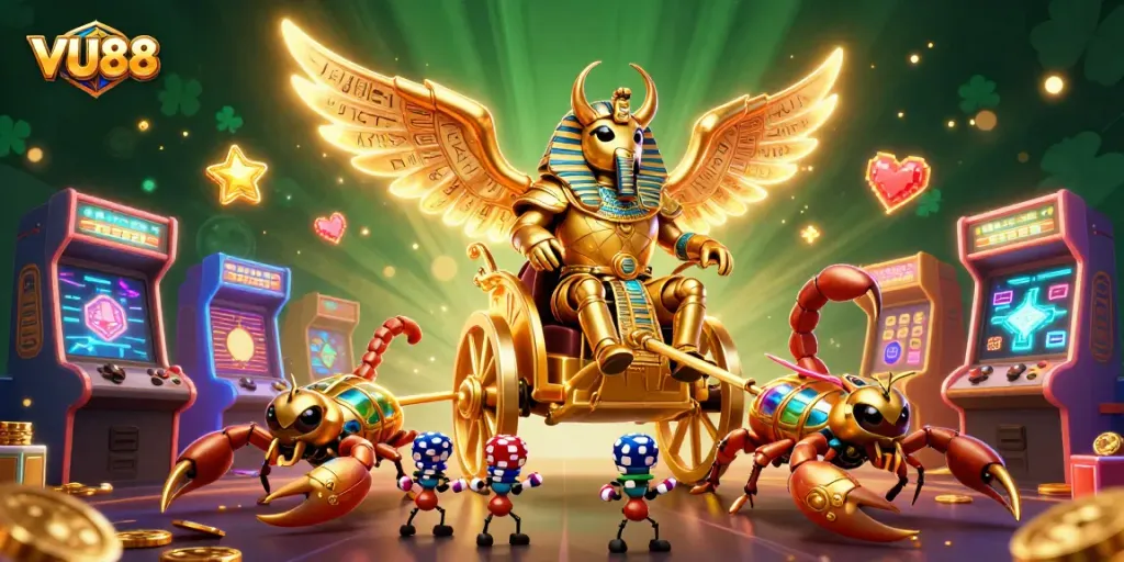 Engage with thrilling VU88 casino gameplay featuring the majestic golden scarab and vibrant gaming elements.