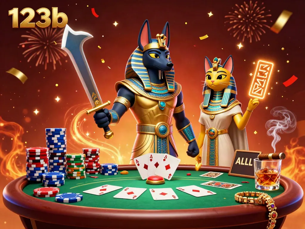 Engage with the exciting world of 123b as Anubis and Bastet celebrate poker triumphs under vibrant confetti.