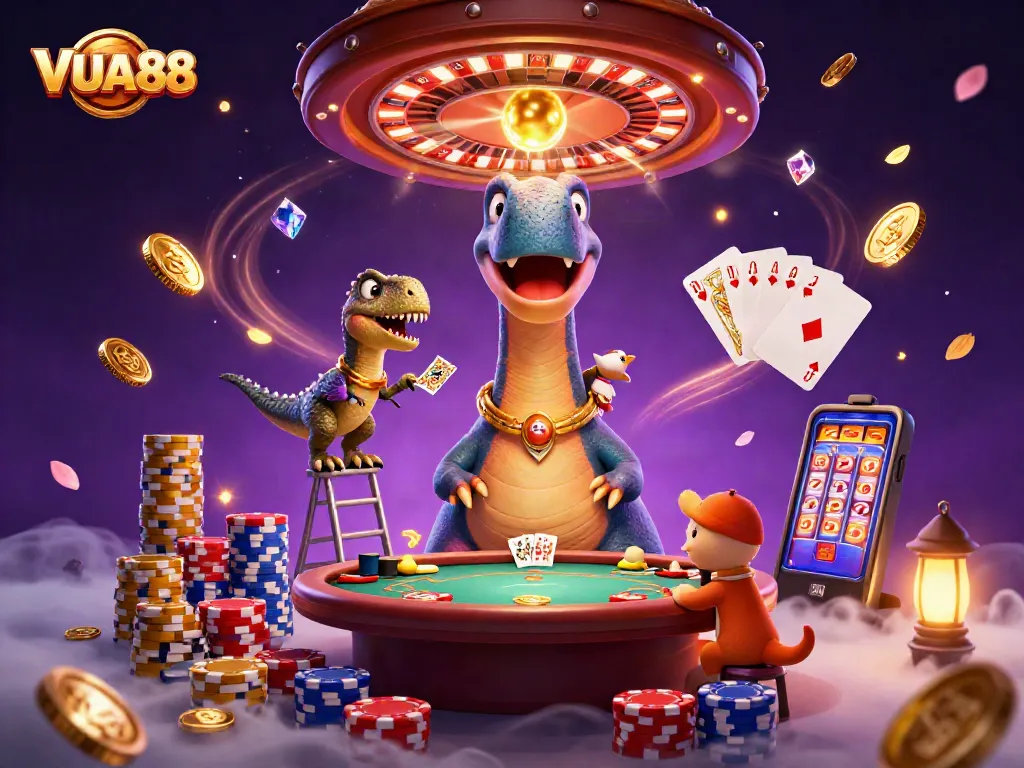 Experience thrilling gameplay at VUA88 with a vibrant casino scene featuring unique characters and elements.
