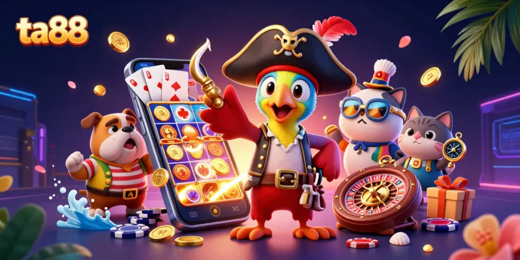 Experience thrilling action at ta88 with this vibrant casino illustration featuring a pirate captain and friends.