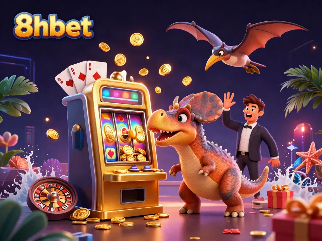Experience thrilling jackpots on 8xbet with exciting characters celebrating amidst vibrant casino elements.