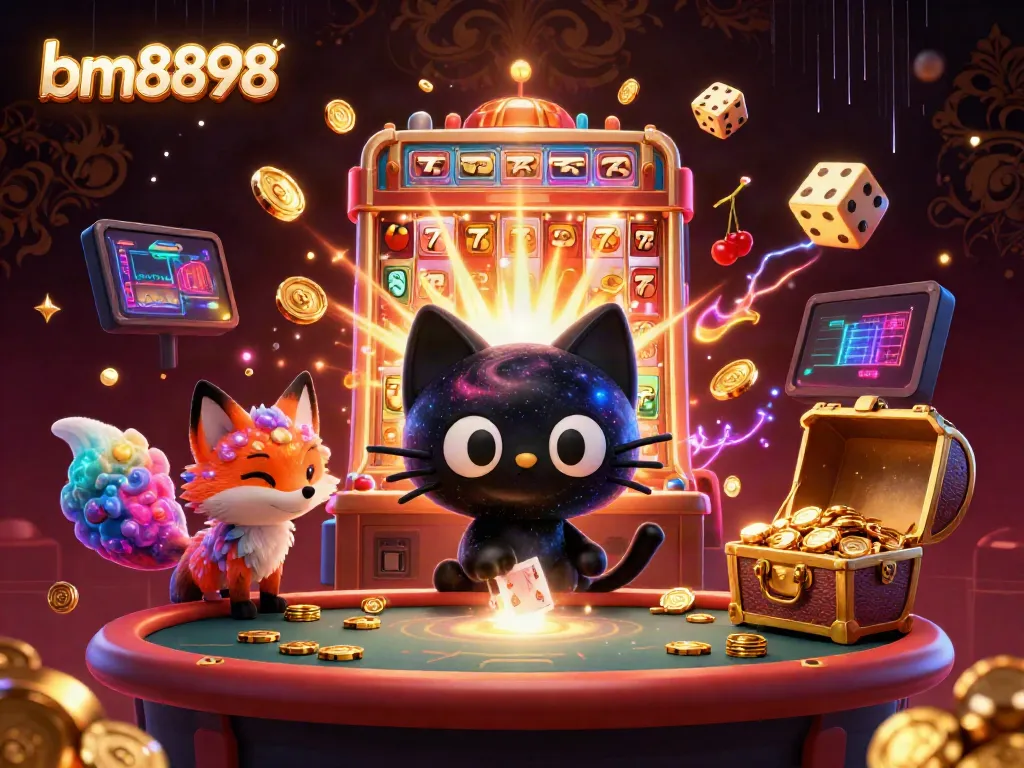 Engage in dynamic casino action with bm8898, featuring a playful black hole cat and vibrant galaxy fox.