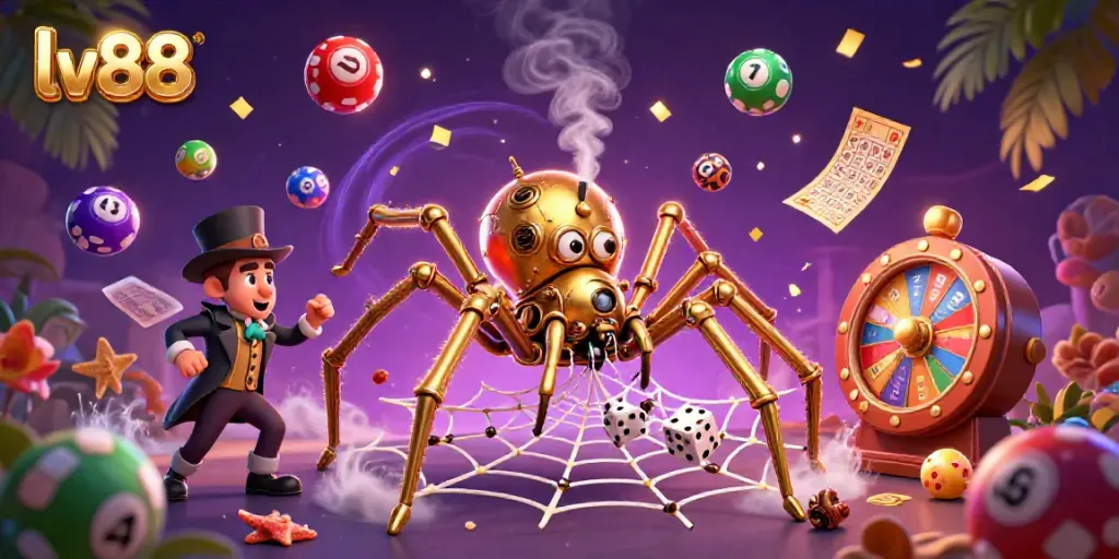 Experience thrilling gaming with lv88 as a playful golden spider ensnares dice among exuberant lottery balls.