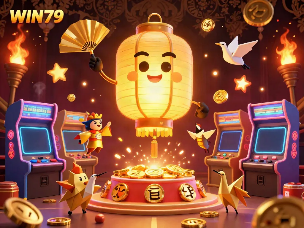 Experience the excitement of WIN79 in a vibrant casino scene with golden lanterns and arcade games.