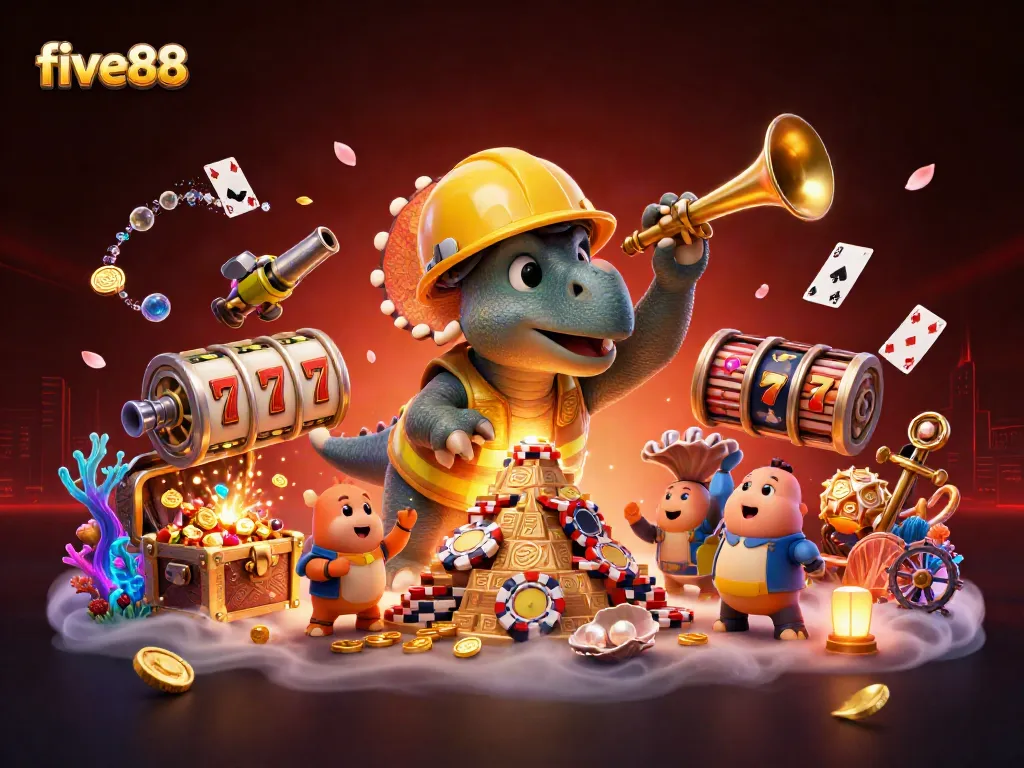 Five88 showcases a vibrant casino party with a triceratops building poker chip towers amidst colorful gems and golden coins.