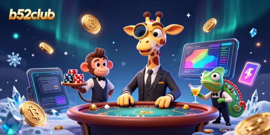 Experience the excitement of b52club with a high-roller giraffe and vibrant casino elements.