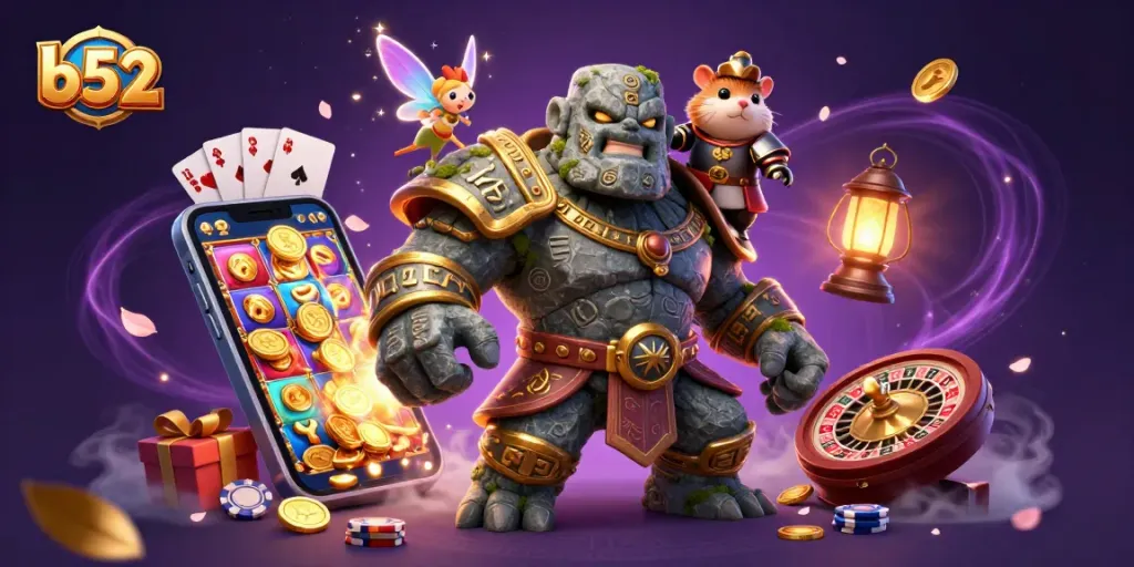 Experience the magic of b52 as the golem guardian comes alive amidst enchanting casino elements.