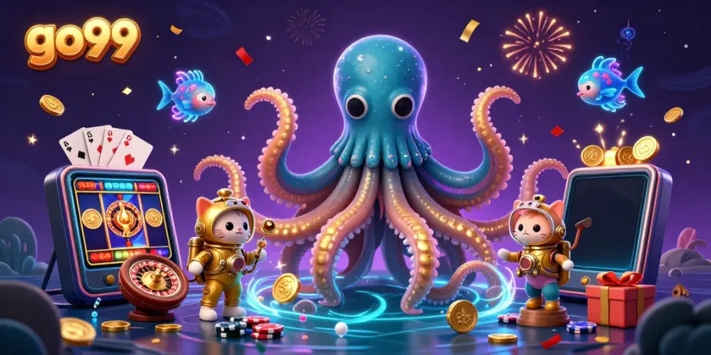 Engage in the thrilling world of go99 with a vibrant 3D scene of a kraken, diving cat, and exciting casino elements.