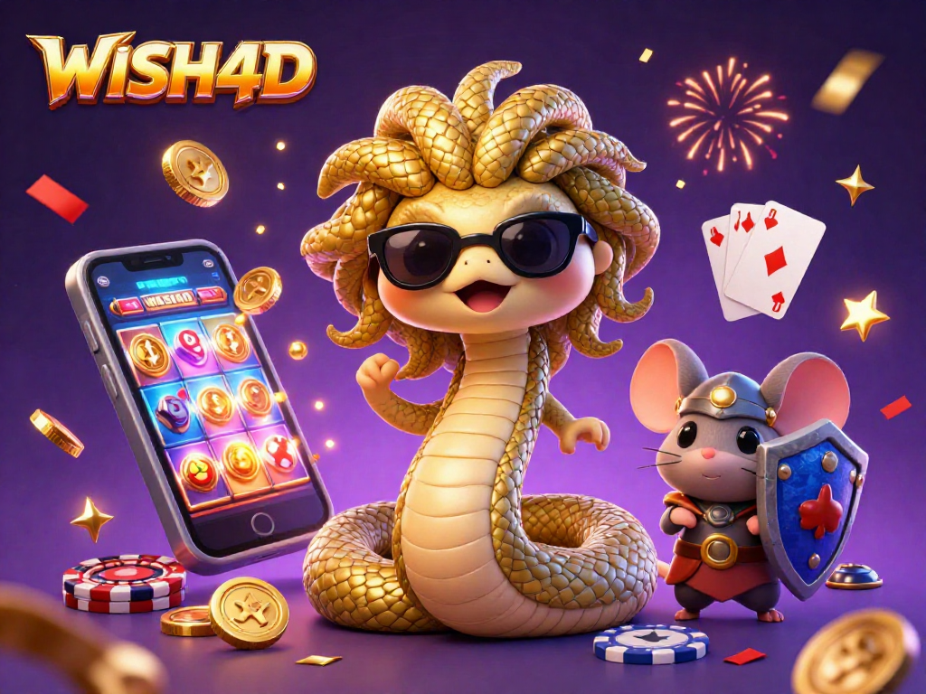 Experience the vibrant WISH4D gaming adventure with Medusa and a warrior mouse in this vivid casino illustration.