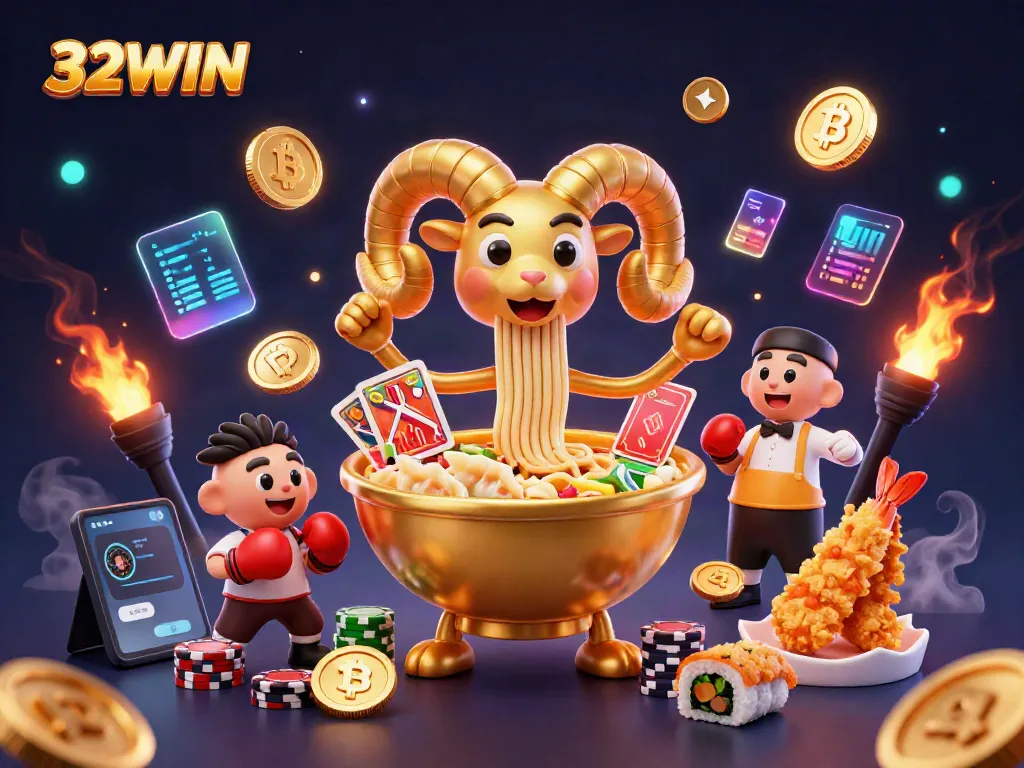 Experience top-tier gambling excitement with 32WIN in a vibrant 3D casino scene featuring unique characters and elements.