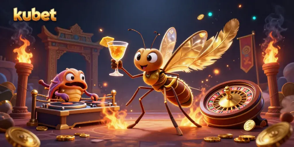 Experience the vibrant kubet casino scene with a cartoon mosquito mascot and a trilobite DJ.