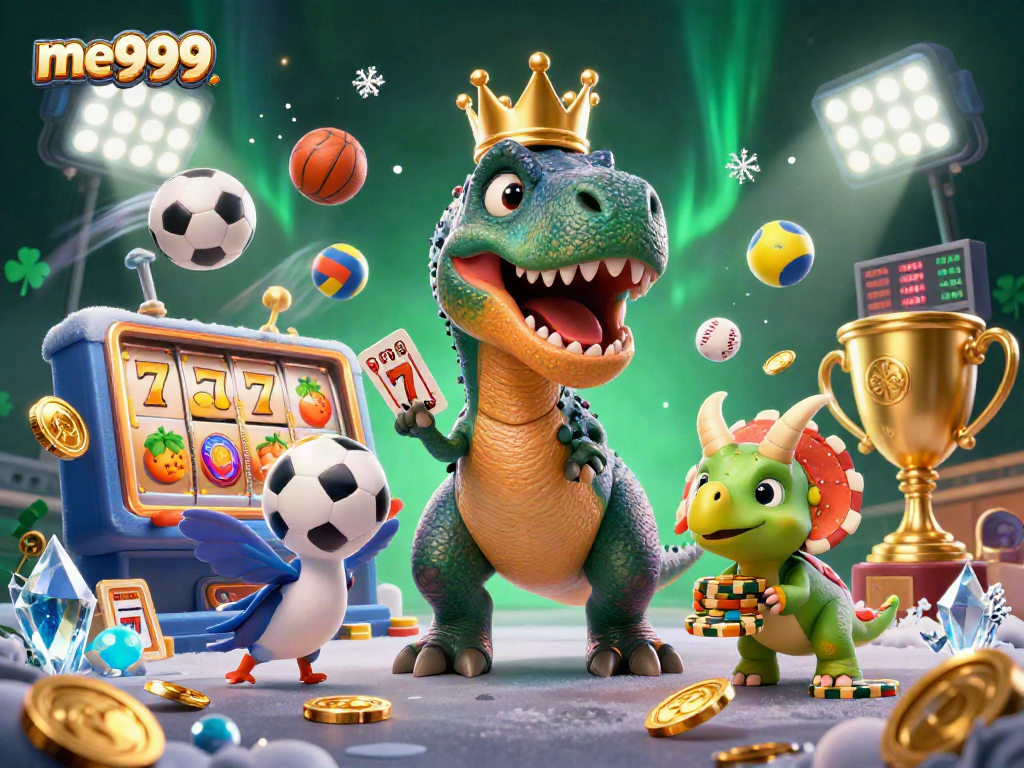 Watch me999's playful T-Rex shuffle cards as it teams up with friends in this lively casino scene.