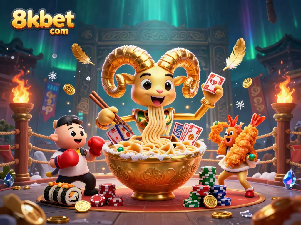 Experience thrilling action with the 8xbet com giant ramen bowl character dealing bets in a lively casino setting.