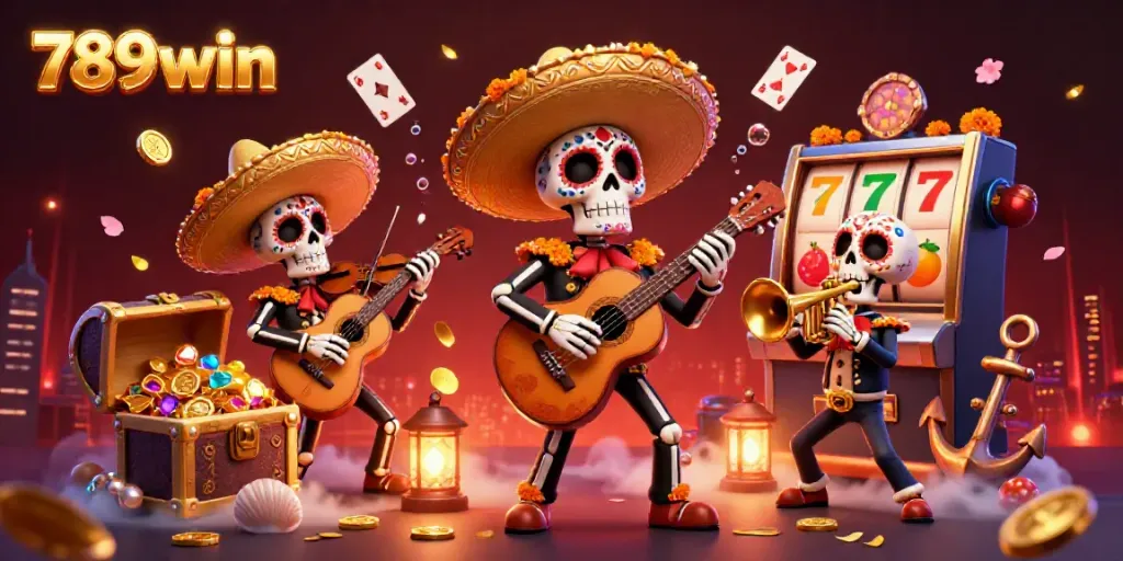 Engage with vibrant 789win casino illustration showcasing mariachi skeletons amid treasures, cards, and dynamic gaming elements.
