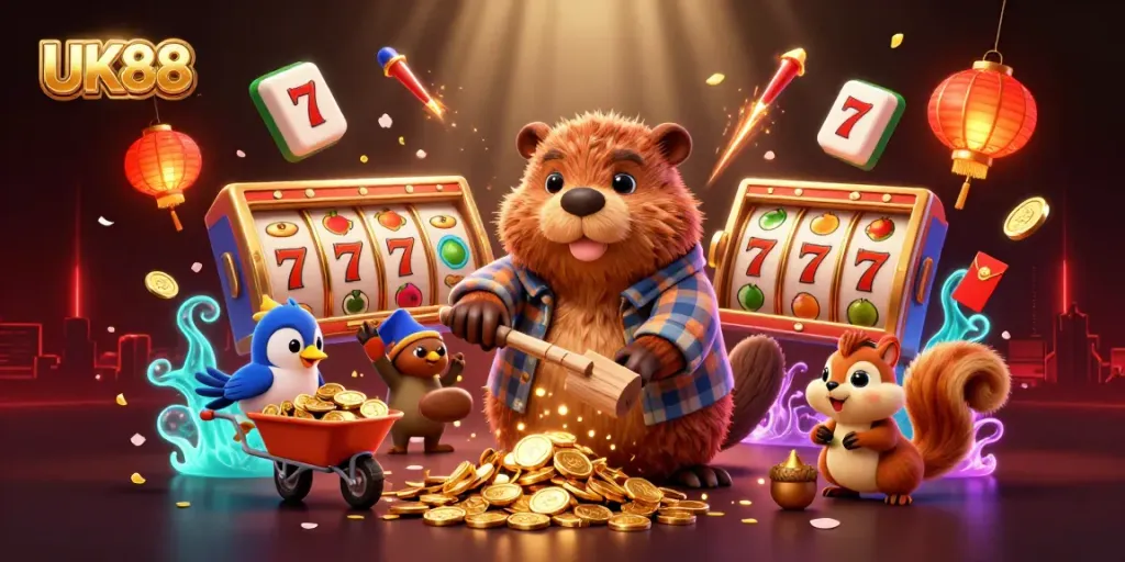 UK88 casino gameplay scene featuring a beaver, bird, and squirrel surrounded by luck and gold.