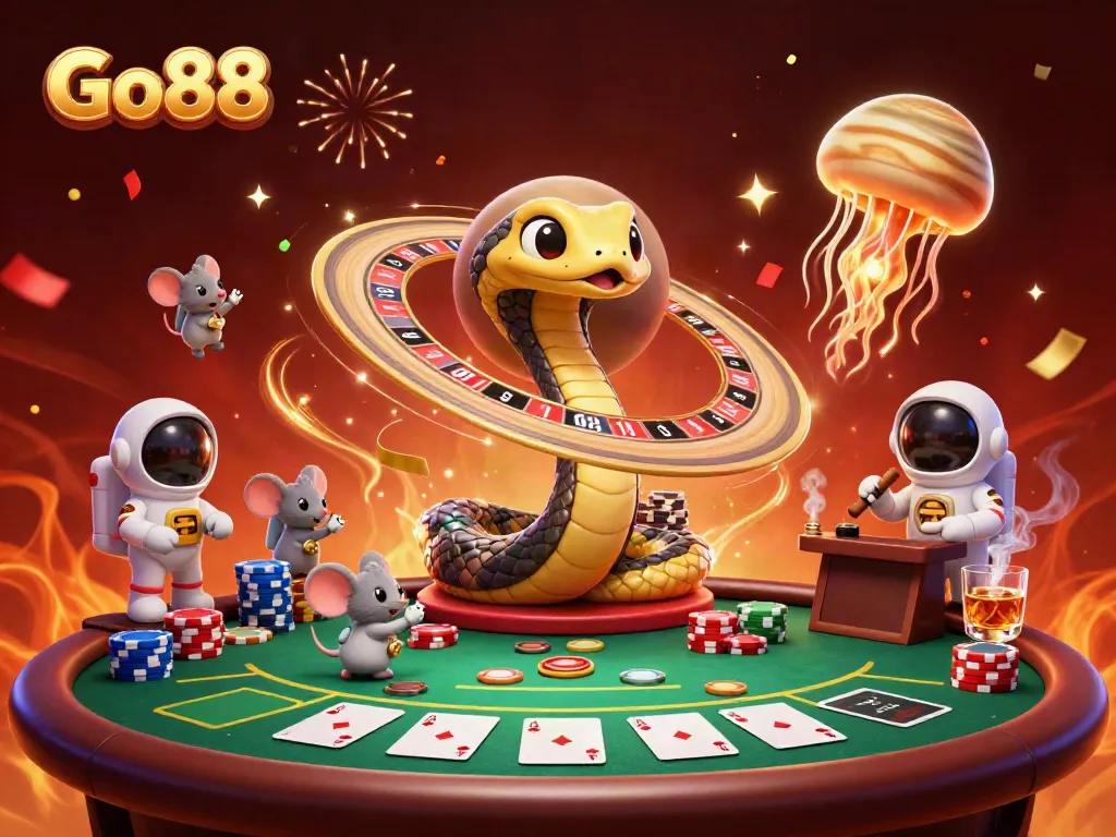 Betting on a cosmic roulette with Go88 featuring a Saturn ring snake, astronaut mice, and a golden jellyfish dealer.