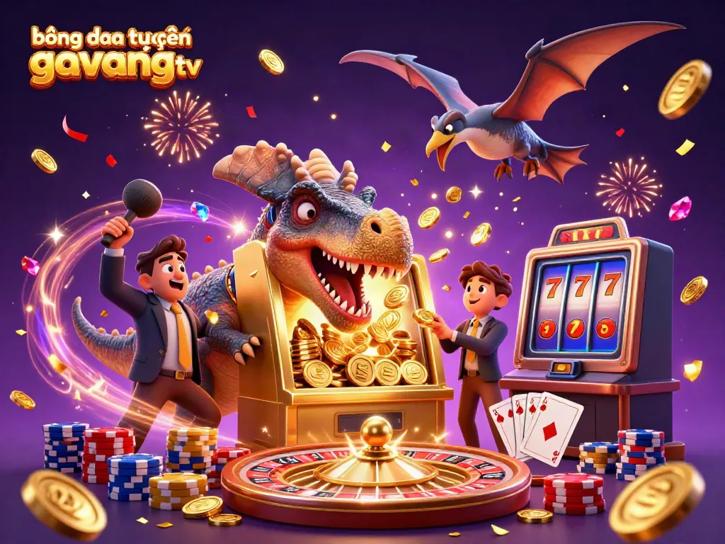 Engaging scene depicting bóng đá trực tuyến gavangtv featuring a pachycephalosaurus celebrating a jackpot with cascading coins and vibrant casino elements.
