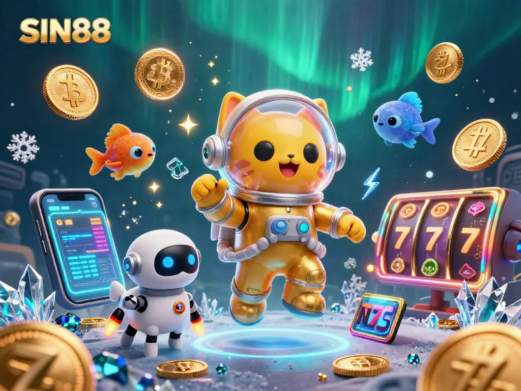SIN88 showcases a vibrant cosmic casino scene with floating slot reels and glowing cryptocurrencies.