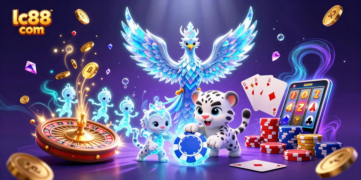 Spin to win on lc88 com with vibrant visuals of a playful snow leopard and ice phoenix.