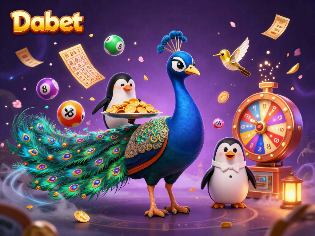 Dabet's colorful lottery scene features a peacock, penguin, and hummingbird celebrating with vibrant game elements.