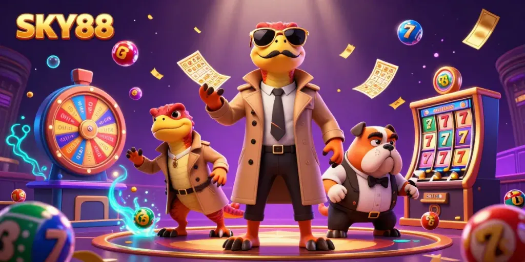 Experience thrilling gameplay with SKY88 as raptors charm the VIP casino scene filled with lottery elements.