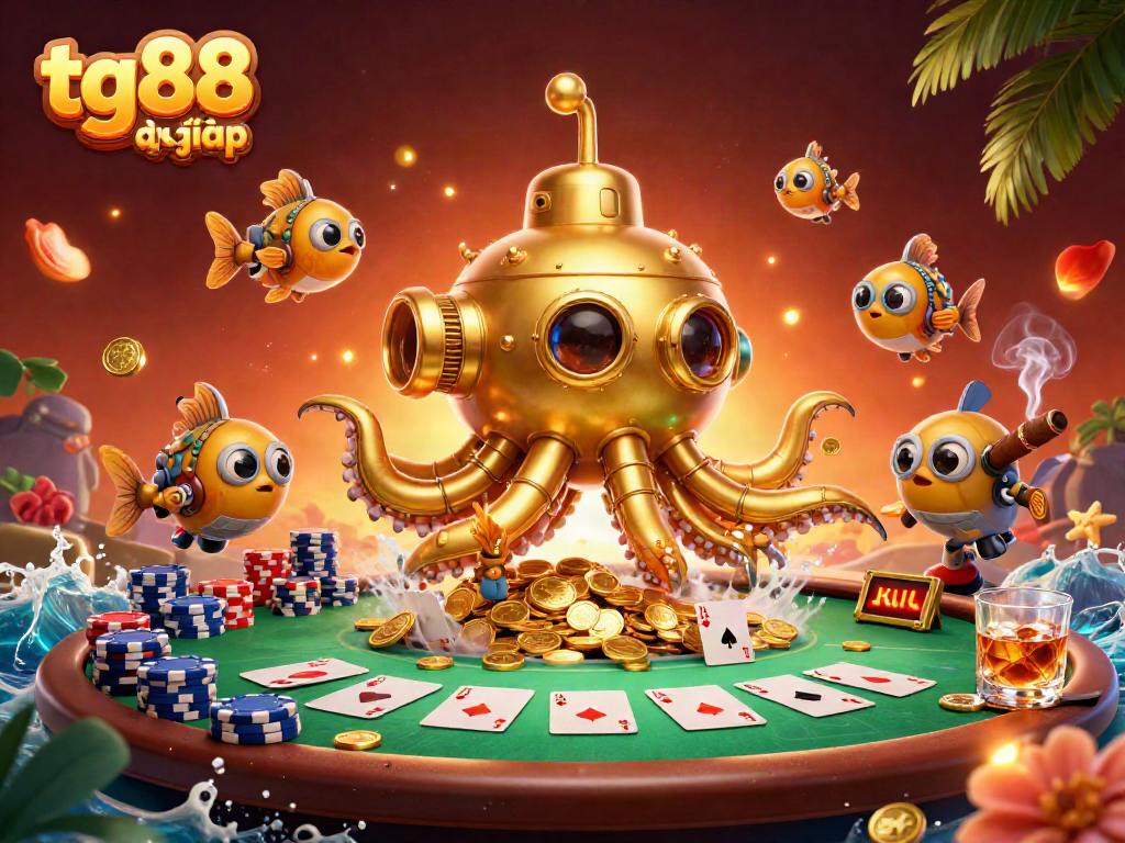 Join the excitement with tg88 đăng nhập as a golden kraken submarine reveals treasure in a poker scene.