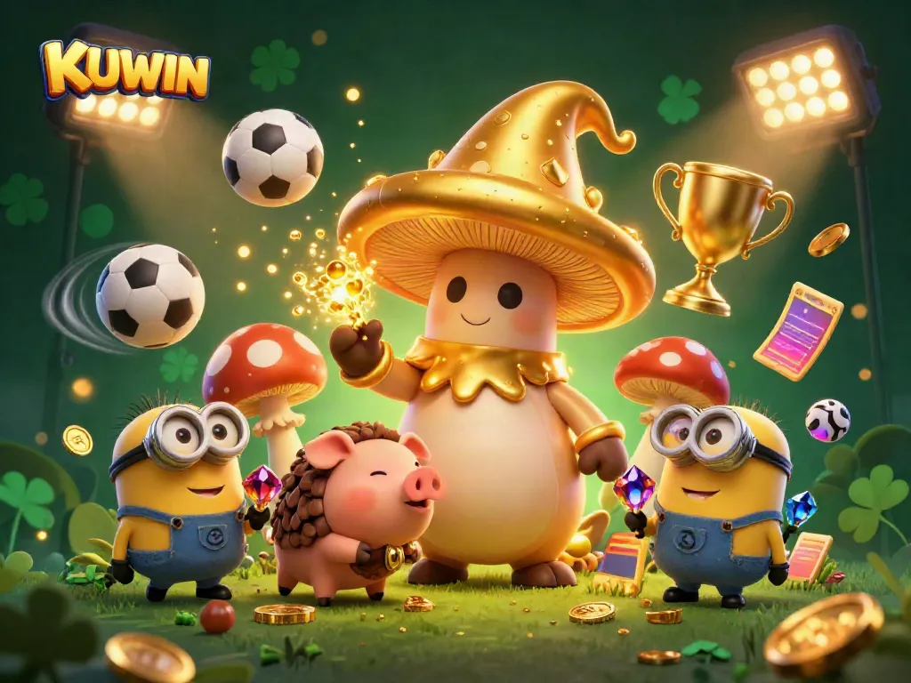KUWIN gaming illustration featuring a wizard and pig amidst magical treasures and sports elements.