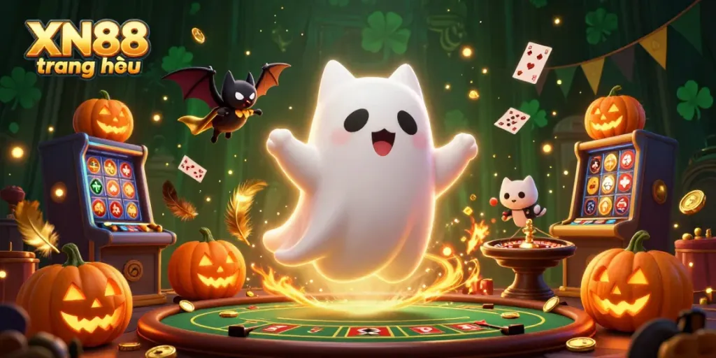 Engage with thrilling XN88 trang chủ experience through our haunted casino scene featuring ghostly characters.