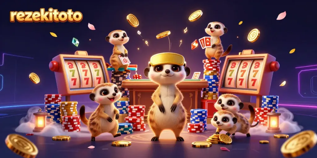 Play exciting slots at rezekitoto with a dynamic meerkat casino scene featuring vibrant casino elements.