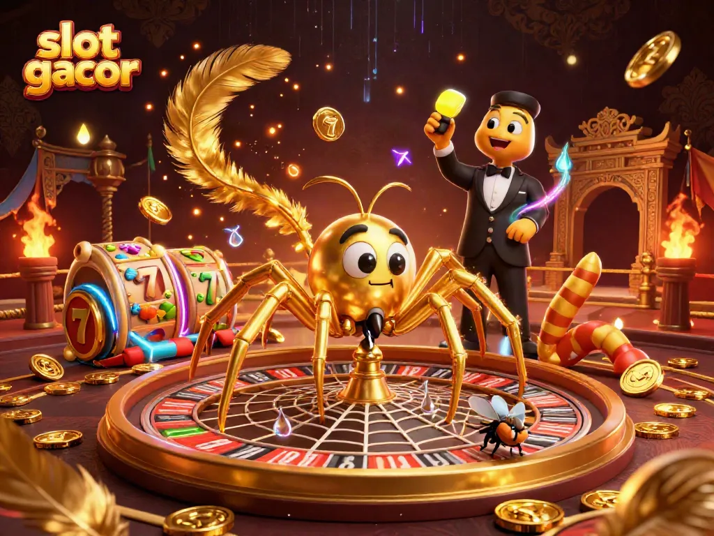 Engaging scene with slot gacor elements featuring a golden spider, roulette web, and animated croupier.