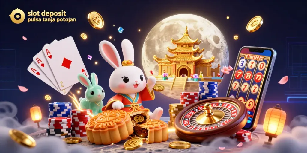 Engage with slot deposit pulsa tanpa potongan in a dynamic casino scene featuring playful rabbits and vibrant casino elements.