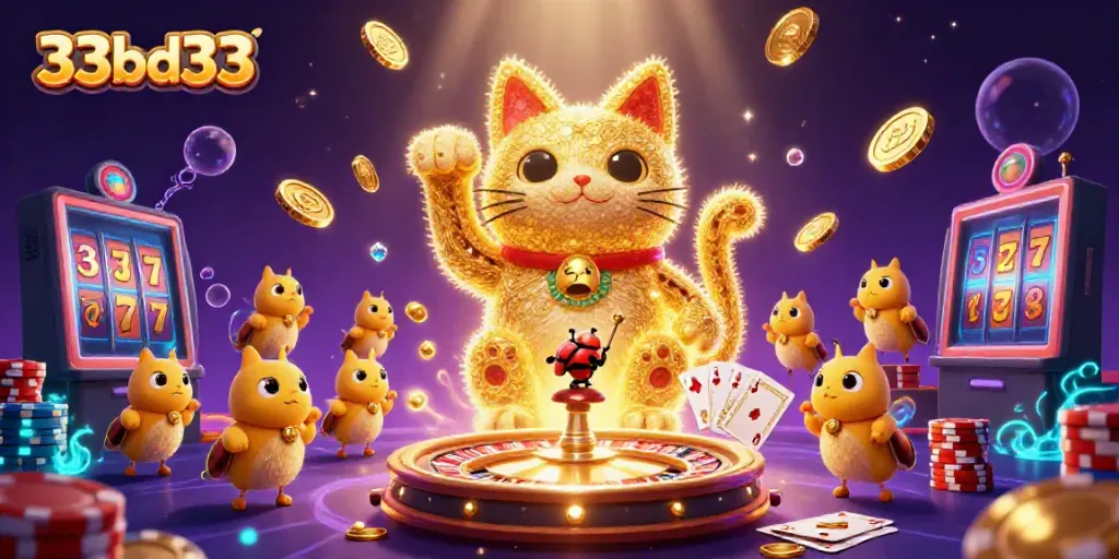 Experience thrilling wins with 33bd33's dynamic casino illustration showcasing lucky symbols and golden coins.