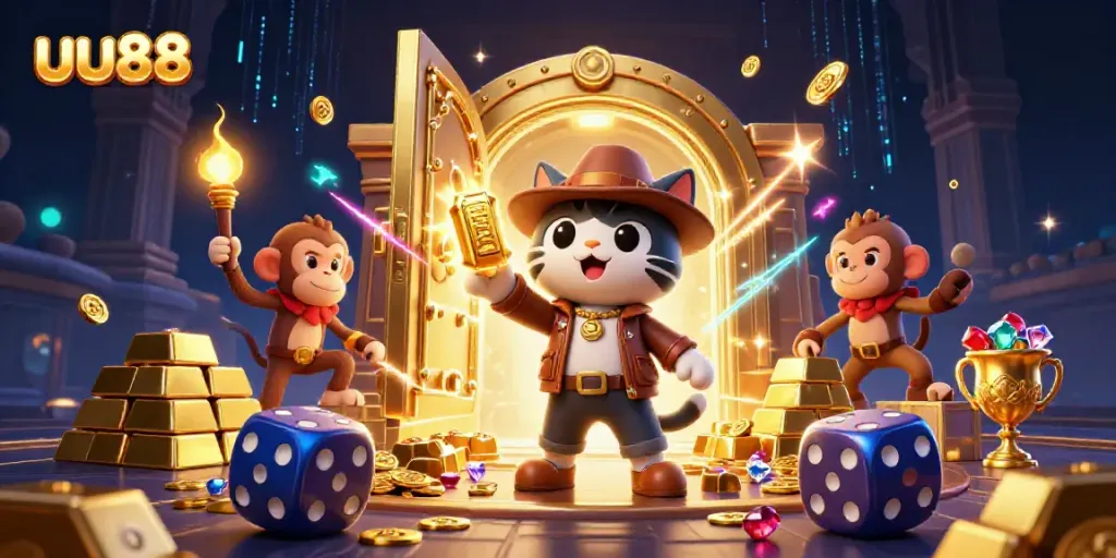 uu88 showcases an adventurous cat exploring a hidden casino treasure in vibrant 3D