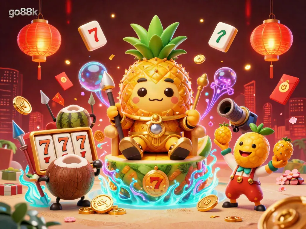 Engage with go88k through an exciting 3D casino scene featuring a pineapple king and dynamic elements.