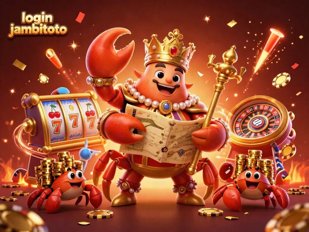 Engage with the vibrant login jambitoto experience illustrated through a golden crab emperor and casino elements.