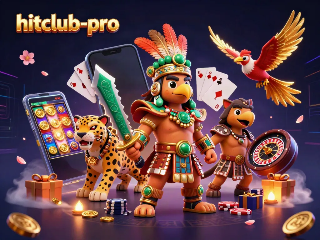 Engage in thrilling gambling at hitclub-pro with vibrant slot symbols and Aztec warriors in action.