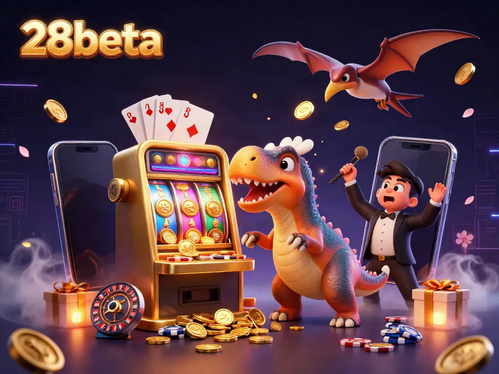 28beta depicts a vivid casino scene with a pachycephalosaurus celebrating a jackpot and dynamic gaming elements.