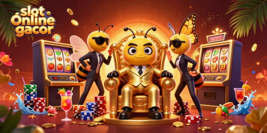 Gambarkan momen slot online gacor dengan karakter lebah dan elemen kasino menarik.