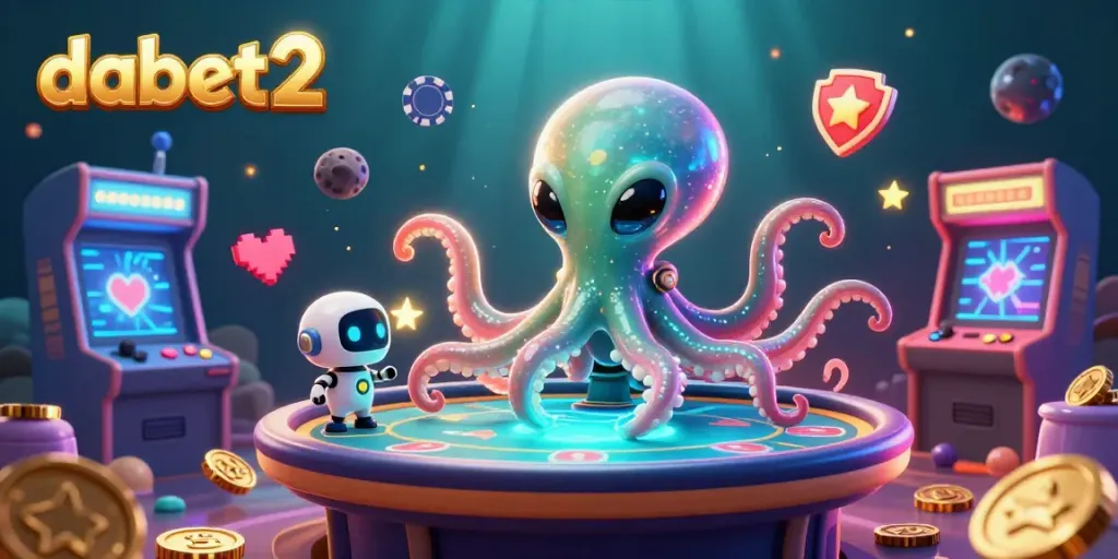 Engage with dabet2 as the alien octopus operates a holographic poker table surrounded by vibrant casino elements.