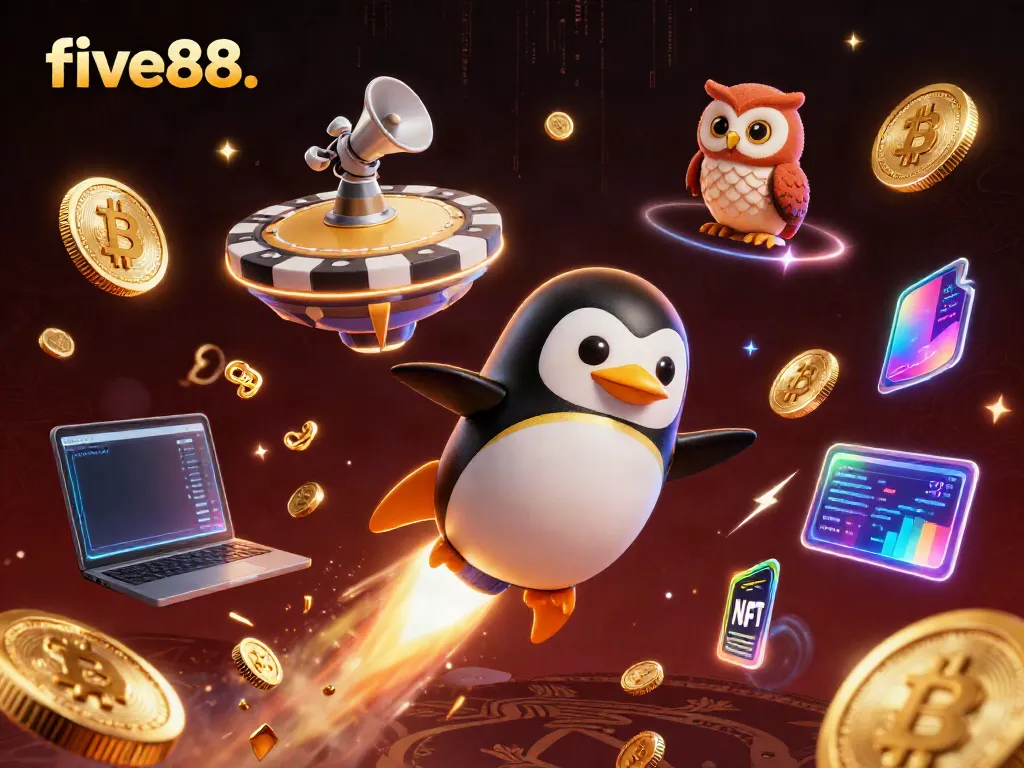 Engage with five88. through a unique casino space scene featuring a golden penguin and crypto elements.