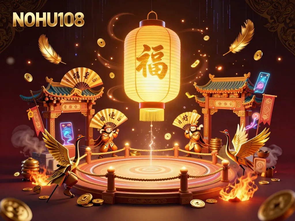 Experience the vibrant world of NOHU108 with golden elements swirling amidst a dynamic casino setting.