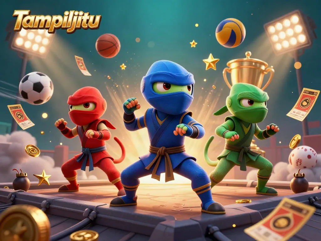 Tampiljitu showcases an ultra-detailed 3D illustration of ninja chameleons performing martial arts surrounded by flying sports elements.