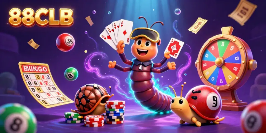 Experience 88CLB's lively casino scene with a whimsical millipede dealer, colorful games, and vibrant energy.