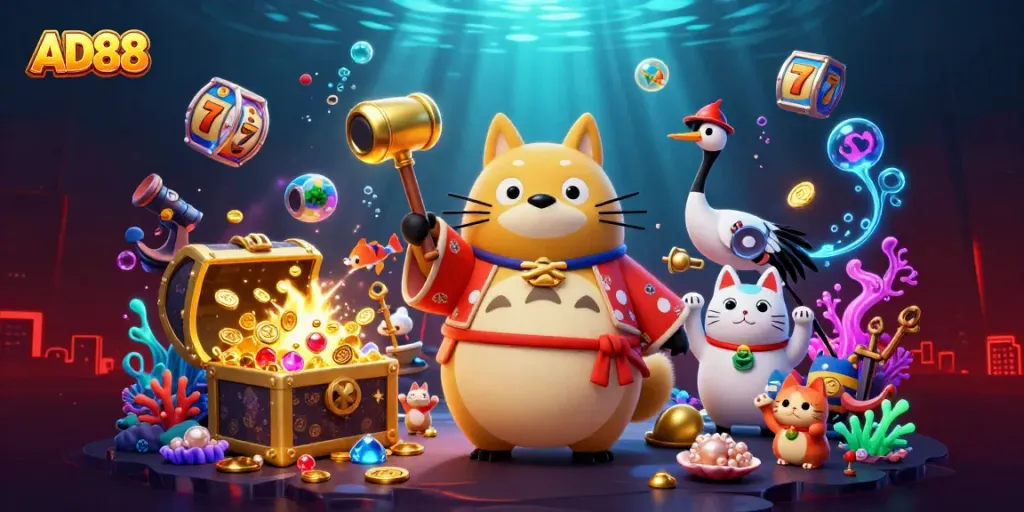 Experience the excitement of AD88 with vibrant casino-themed characters and dynamic gaming elements.