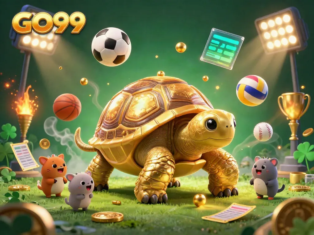 Experience excitement in GO99 with a dynamic illustration of a golden tortoise pinball machine surrounded by sports elements.